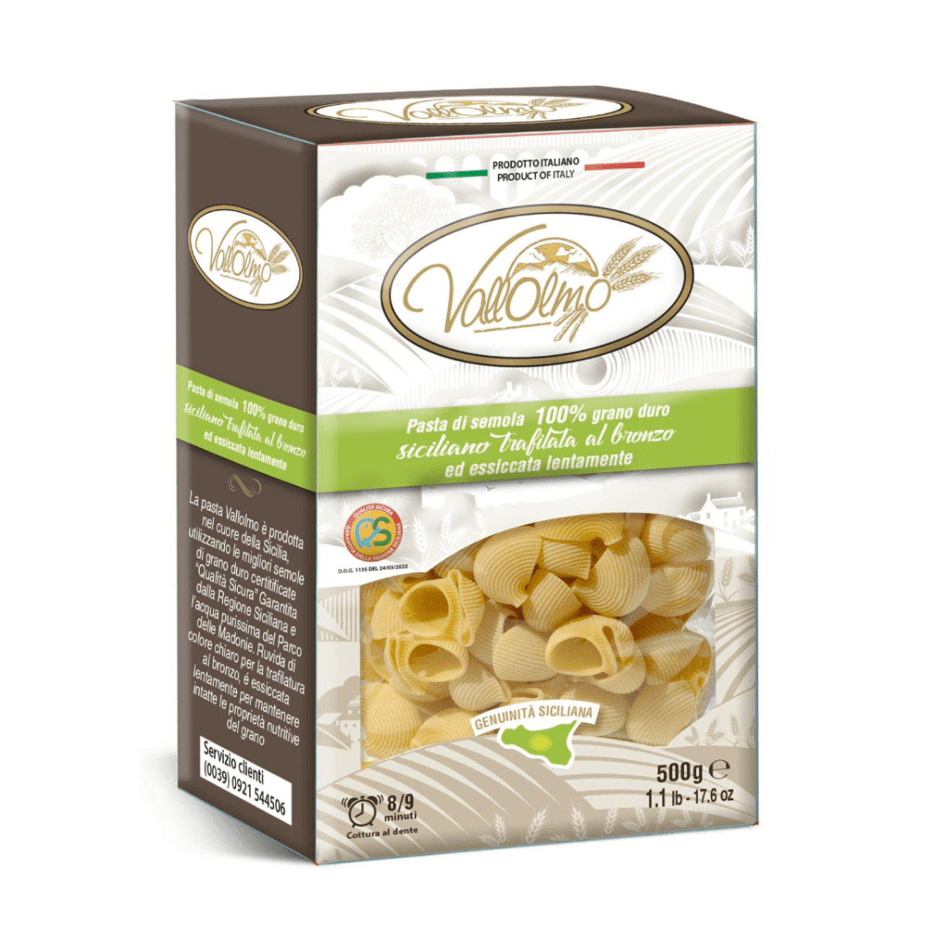 440177.png Кутия паста Vallolmo Лумакони 500 г с видима тръбеста форма.