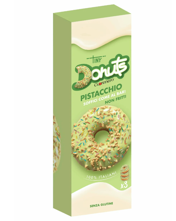 450031.png Три мини безглутенови понички Tiny Donuts с крем от шамфъстък, поръсени с ядки, в пакет 111 г