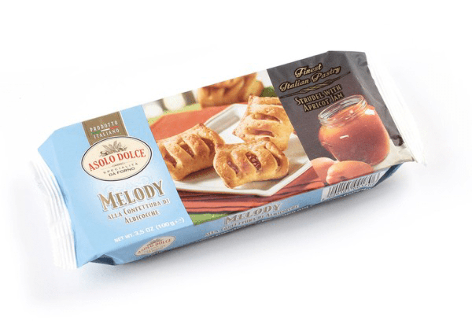 4539.png Опаковка от 100 г щрудел Melody с кайсиева плънка.