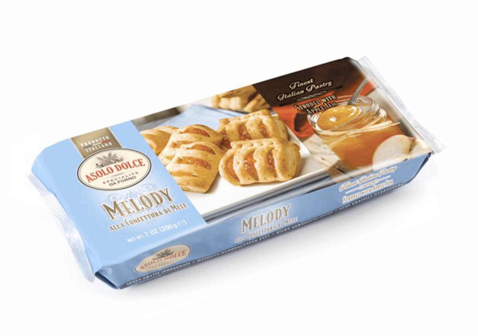 4540.png Опаковка от 100 г щрудел Melody с ябълков пълнеж, произведен от Asolo Dolce S.p.A., Италия.