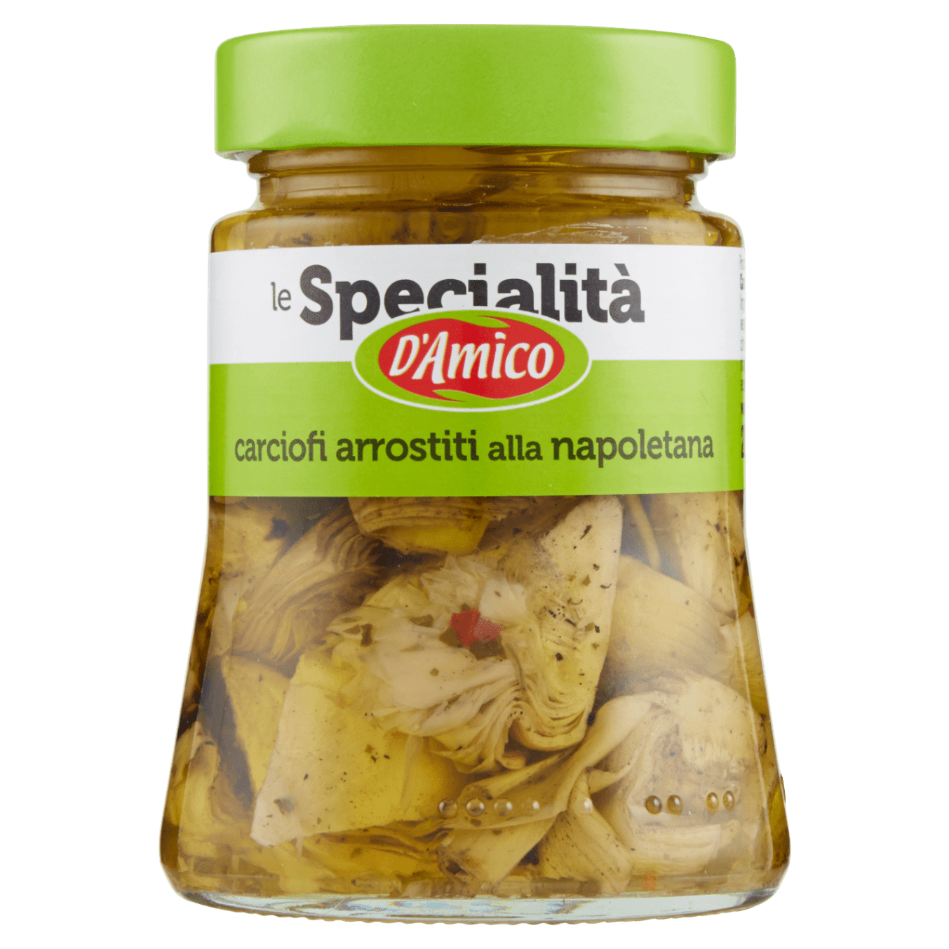 Стъклен буркан с печени артишокови сърца D'Amico 280 г – златисто олио, зелени артишоци и подправки.