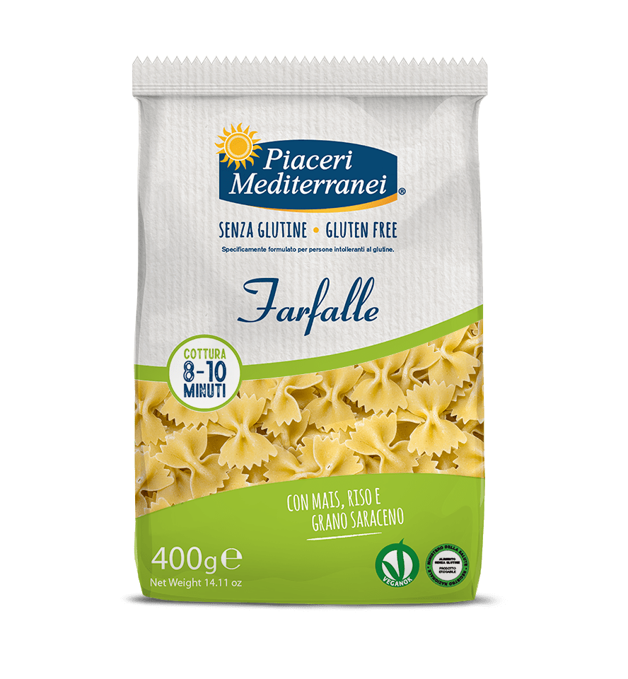 4725.png Безглутенови фарфале Piaceri от царевично, оризово и елдено брашно – 400 г, паста с форма на панделки