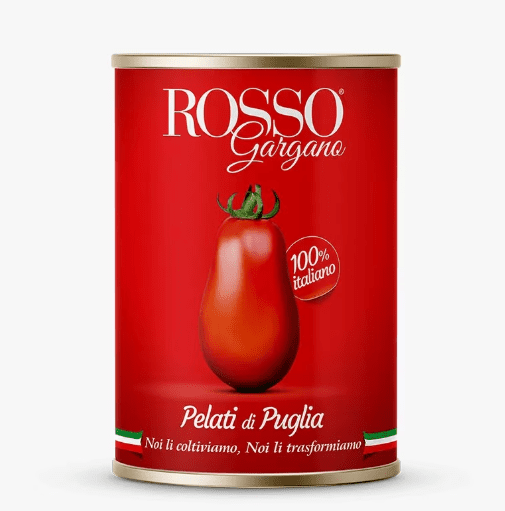 Консерва с 400 г белени домати Rosso Gargano от Пулия, Италия.