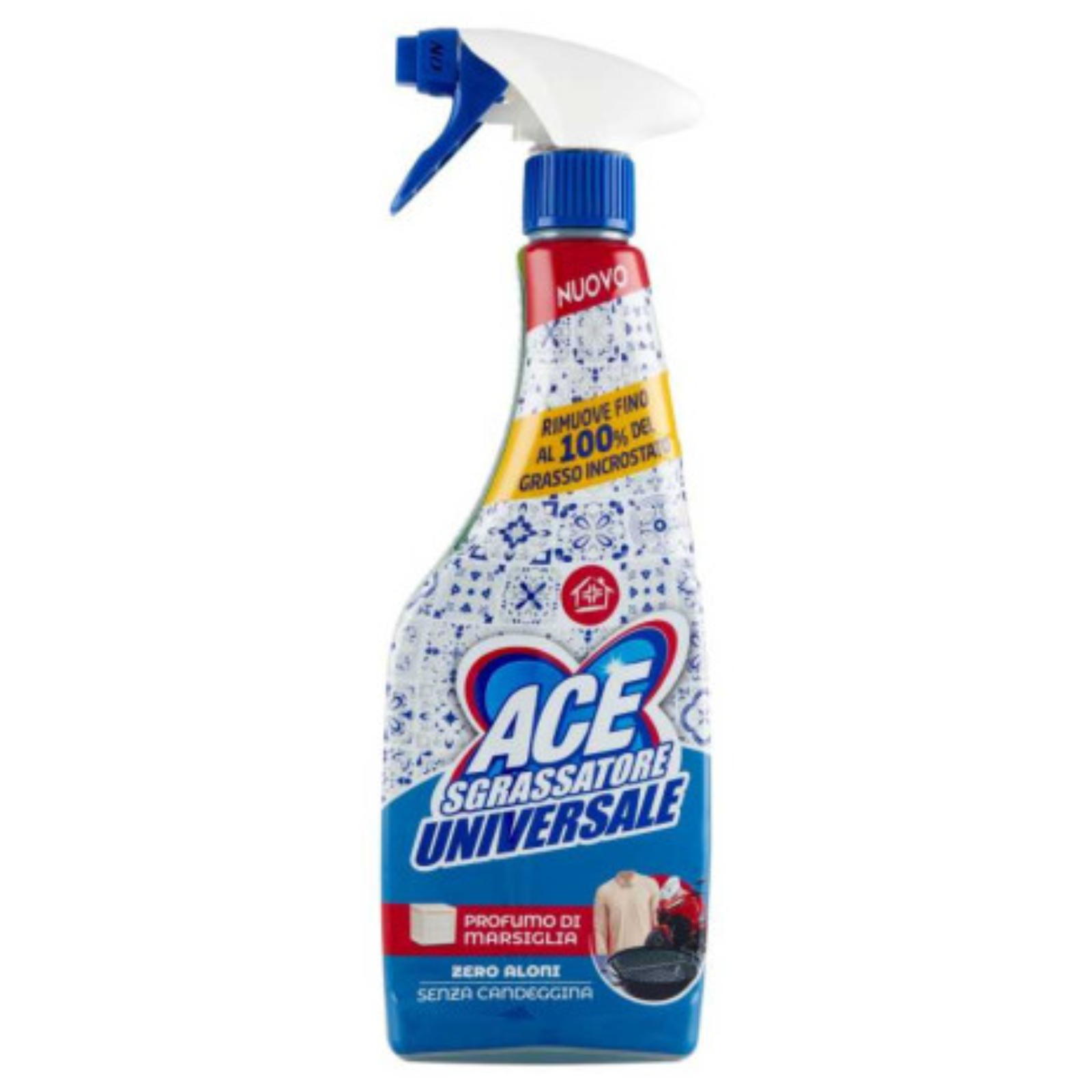 4969.png Бутилка 600 мл универсален обезмаслител Ace с бял етикет и син акцент.