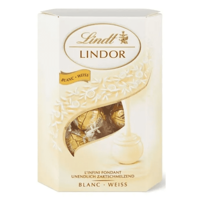 Кутия бонбони Lindor Cornet бял шоколад 200 г с логото на Lindt и бели шоколадови бонбони.