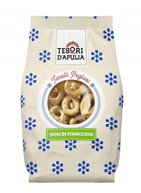 5233.png Опаковка 400 г Tesori D’Apulia Taralli Gusto Finocchio – хрупкави крекери с копър.