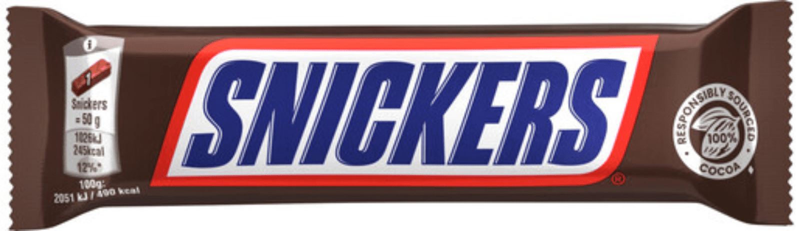Опаковка Snickers Classic 50 г – шоколадово блокче с фъстъци, карамел и пухкав нуга под млечен шоколад.