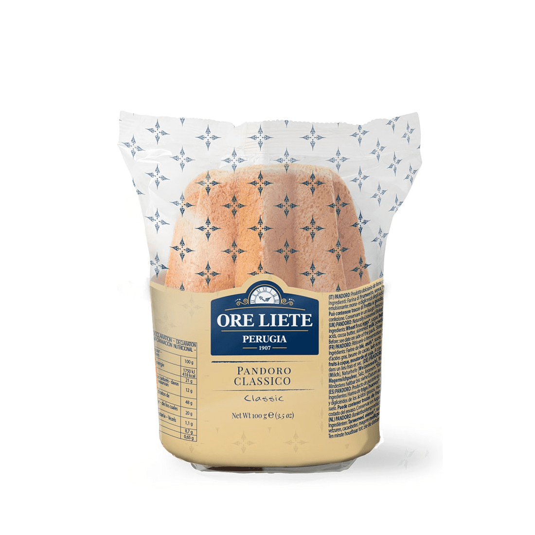 Мини панетоне Oreliete Класик 100 г в малка подаръчна опаковка с изображение на разрязан сладкиш с видими стафиди и портокалови кори.