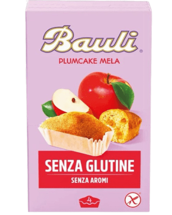 560138 Опаковка на Bauli кексче с ябълка без глутен и лактоза 132 г, показващо апетитно кексче с парченца ябълка.
