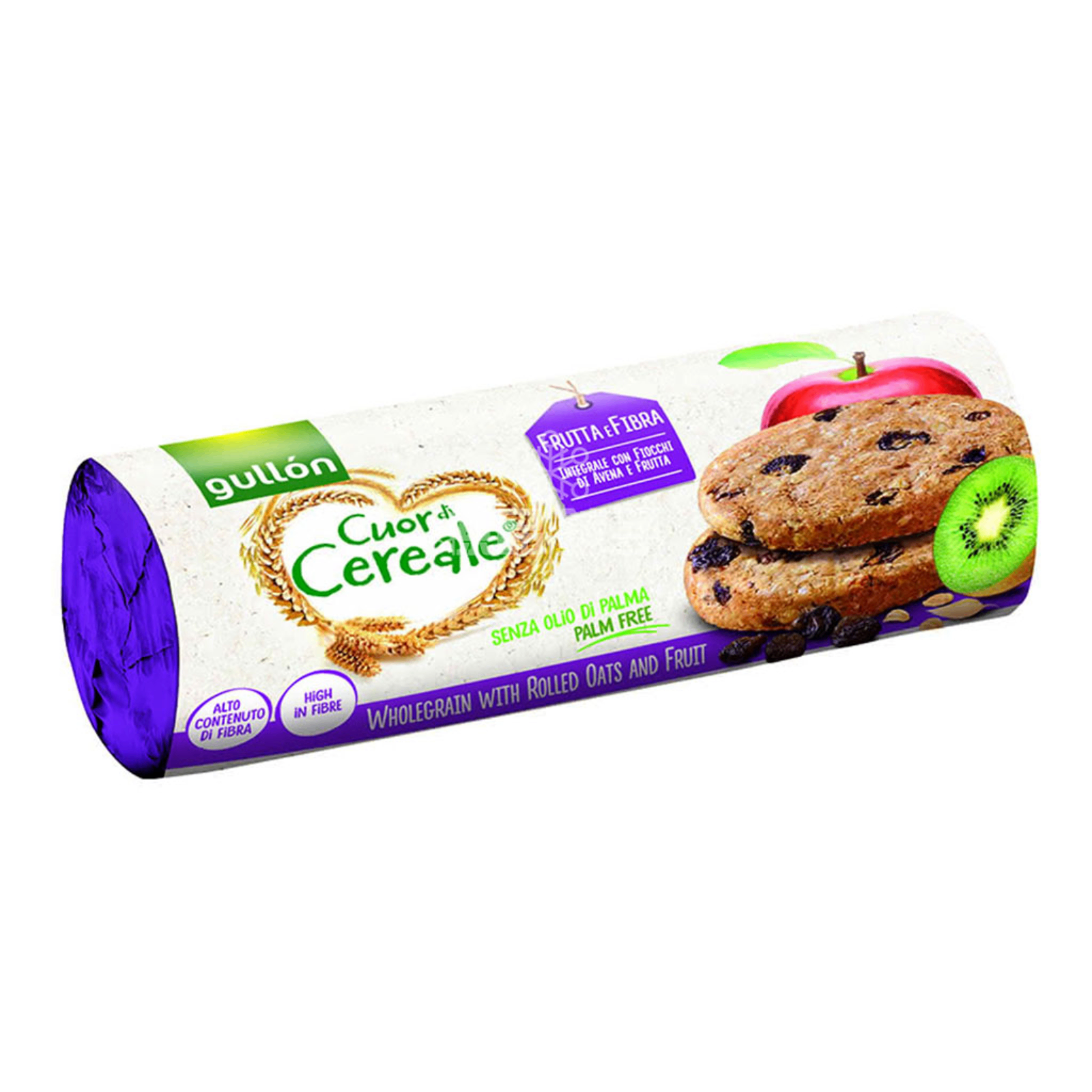 580066 Опаковка на бисквити Gullon Cereal Heart 300 г с изобразени зърнени култури и бисквити на преден план.