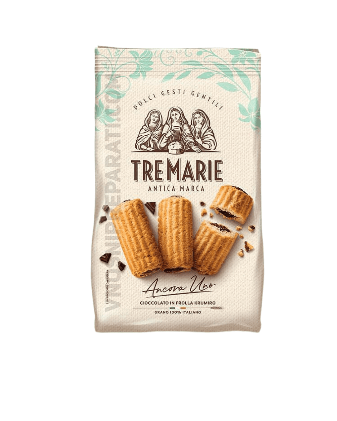580240 Опаковка на Tre Marie маслени бисквити със шоколадови капки – 315 г, с изображения на бисквити, подредени върху светъл фон.