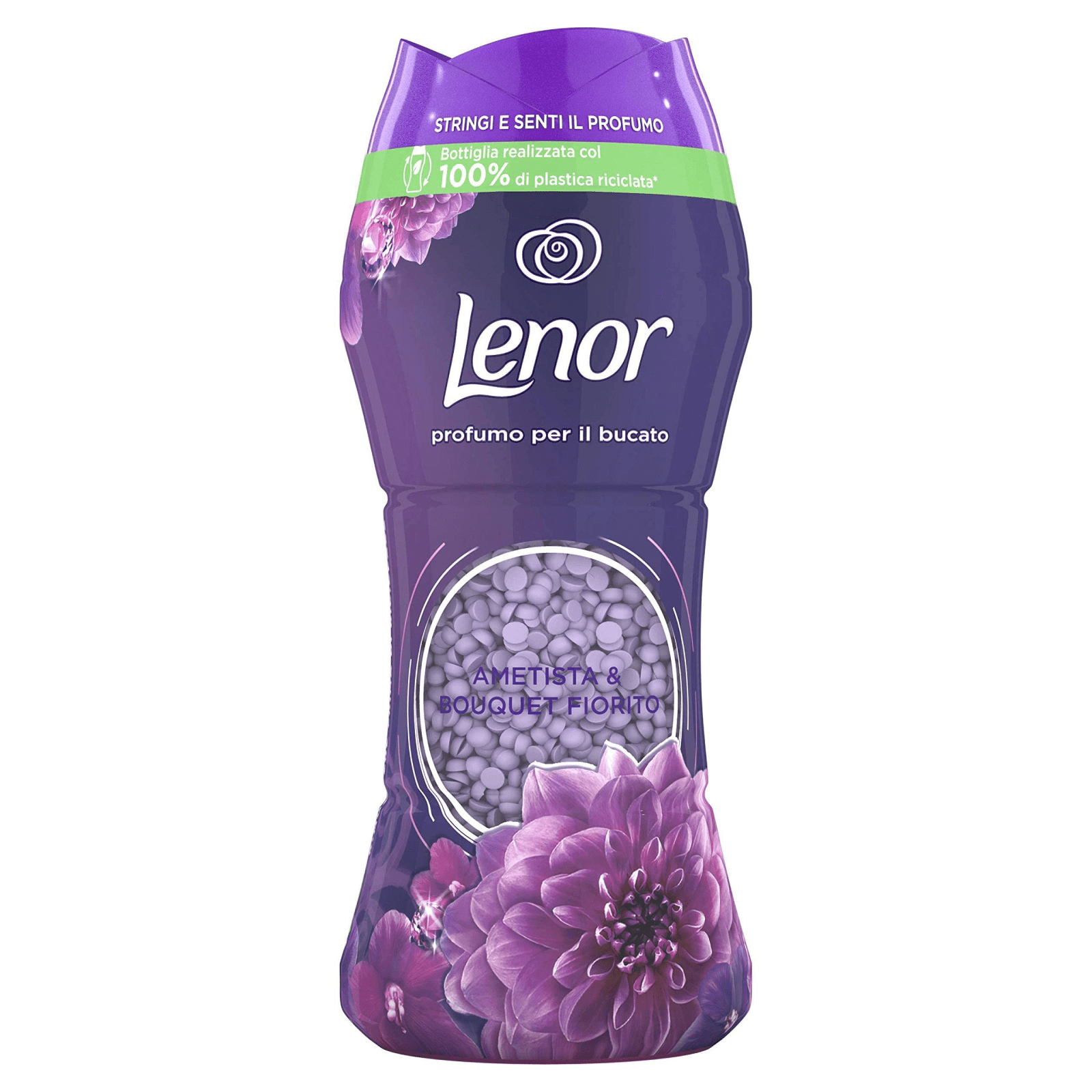 710208 Пластмасова опаковка Lenor Amethyst & Floral Bouquet ароматни перли за пране 210 г, лилав флакон