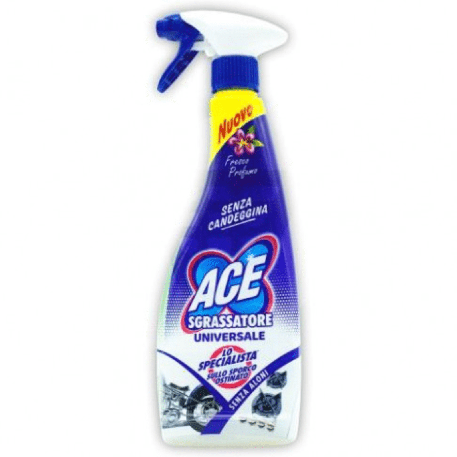 720008 Бутилка 500 мл спрей Ace за почистване на кухня със спрей-помпа, с жълто-зелен етикет и свеж лимонов аромат.