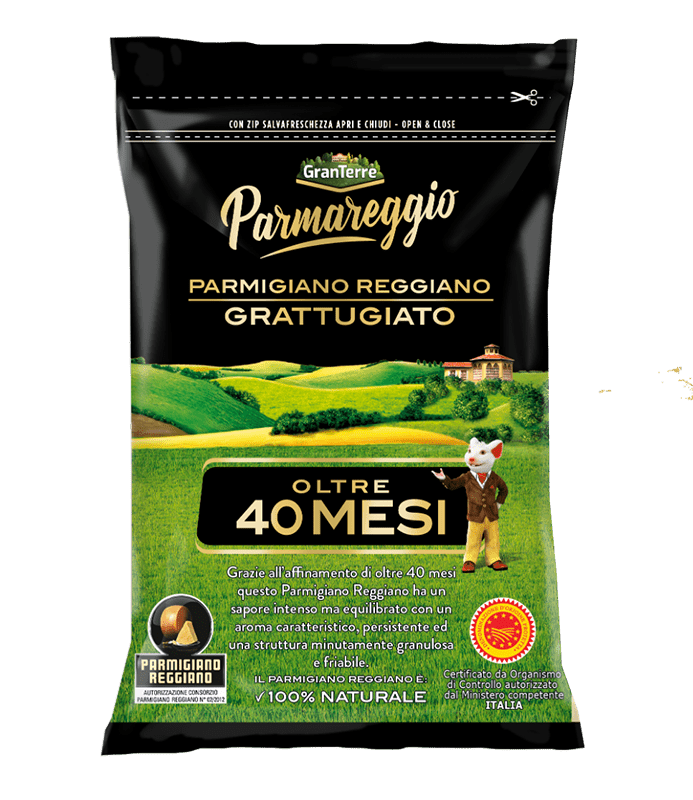 330026.png Опаковка настърган пармезан Parmareggio отлежал 40 месеца 50 г, с видими парченца сирене.