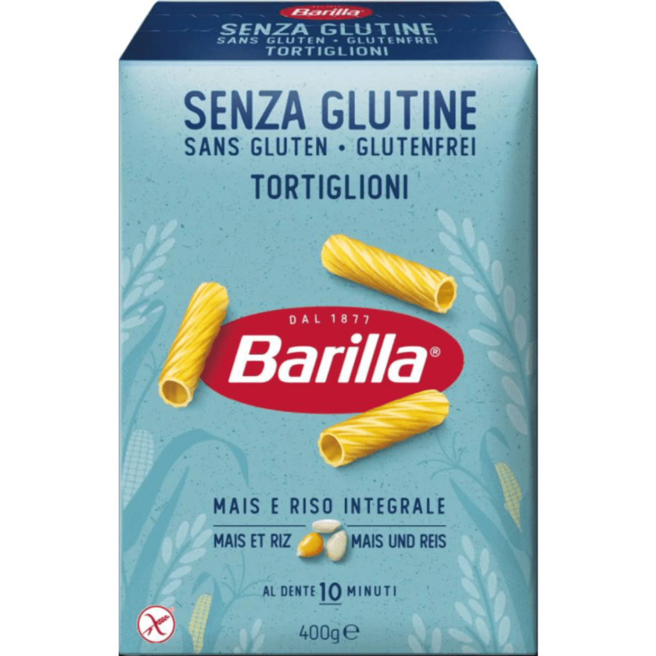Опаковка Barilla тортильони без глутен 400 г с форма на спираловидна паста.